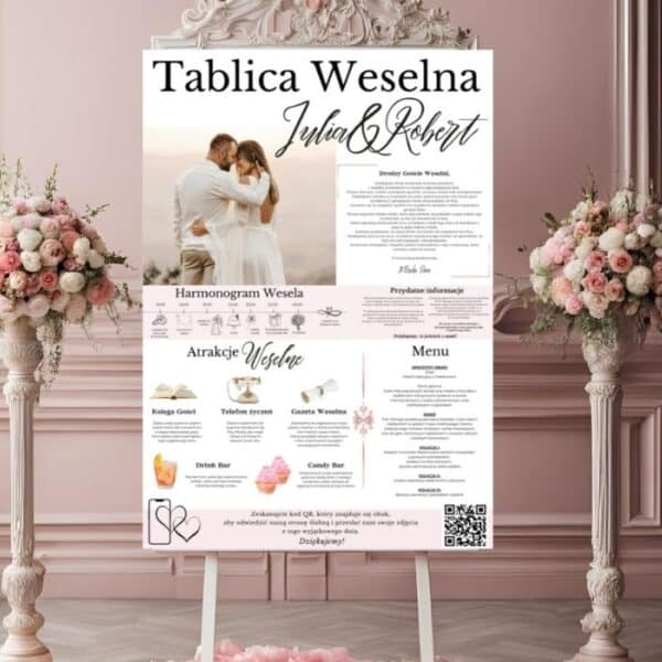 "Personalizowana tablica weselna stworzona specjalnie dla pary młodej, z unikalnym designem, eleganckimi detalami i stylowymi elementami, które odzwierciedlają ich gust. Idealna na wesele, dodająca wyjątkowego charakteru uroczystości."