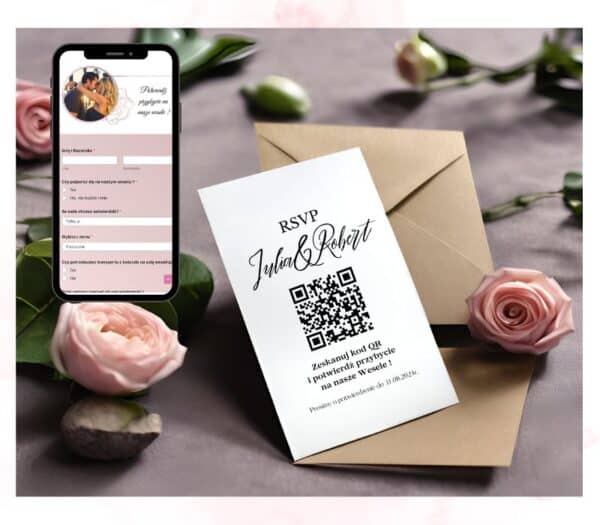 Obrazek przedstawia potwierdzenie obecności na ślub rsvp online z kodem QR na telefonie, z przykładowym cyfrowym zaproszeniem na wesele. Idealne rozwiązanie dla par młodych, które chcą ułatwić gościom potwierdzenie obecności na swoim wielkim dniu. Nasza platforma oferuje eleganckie zaproszenia online, które są łatwe do użycia i pozwalają na szybkie zbieranie odpowiedzi od gości.